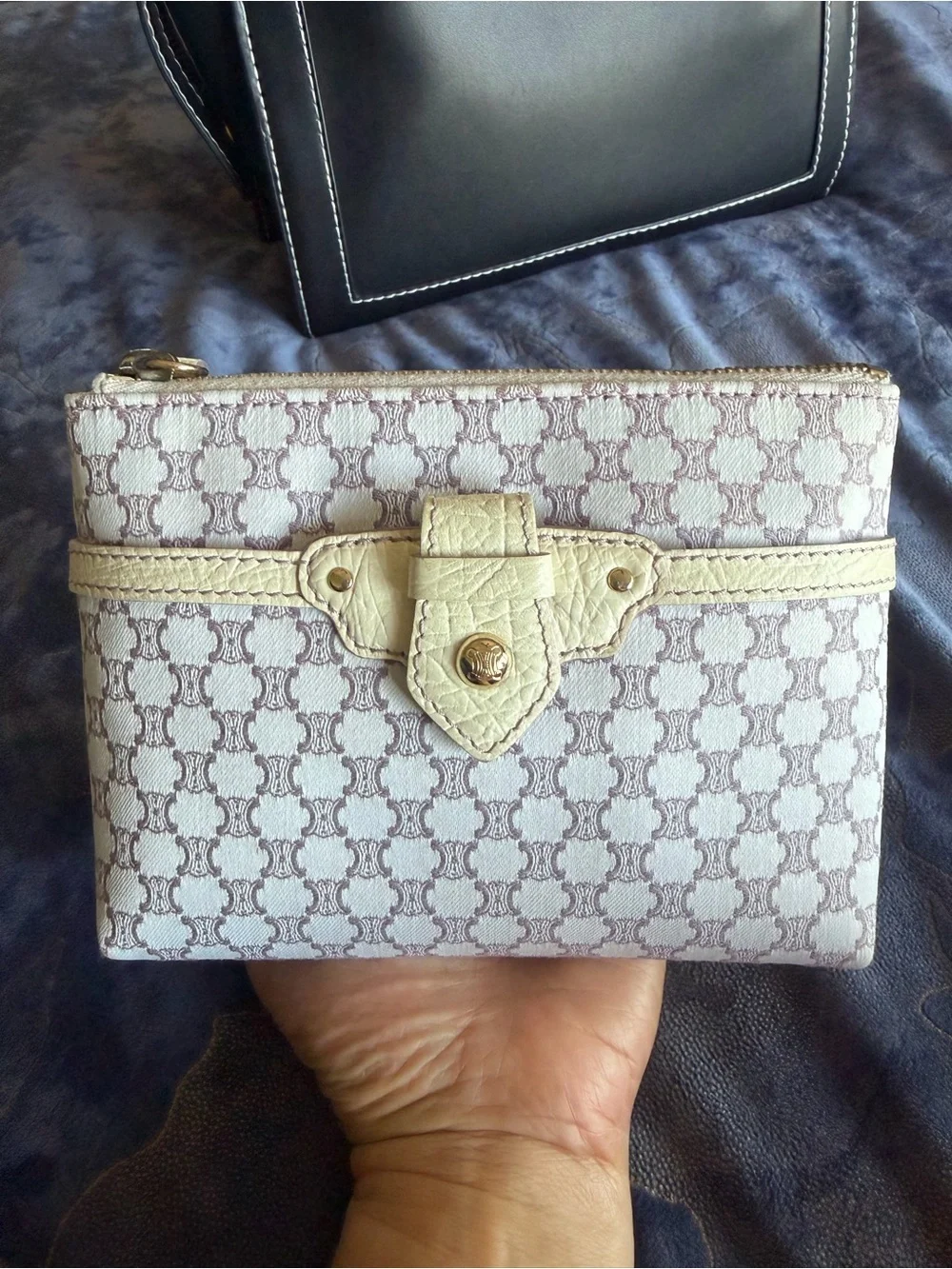 Authentic CELINE Cream Patterned Women's Zip Pouch with Cream Trim